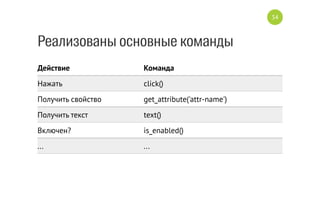 Создание скриншота
driver. get_screenshot_as_file ('filename')
driver. get_screenshot_as_base64 ()
34
 