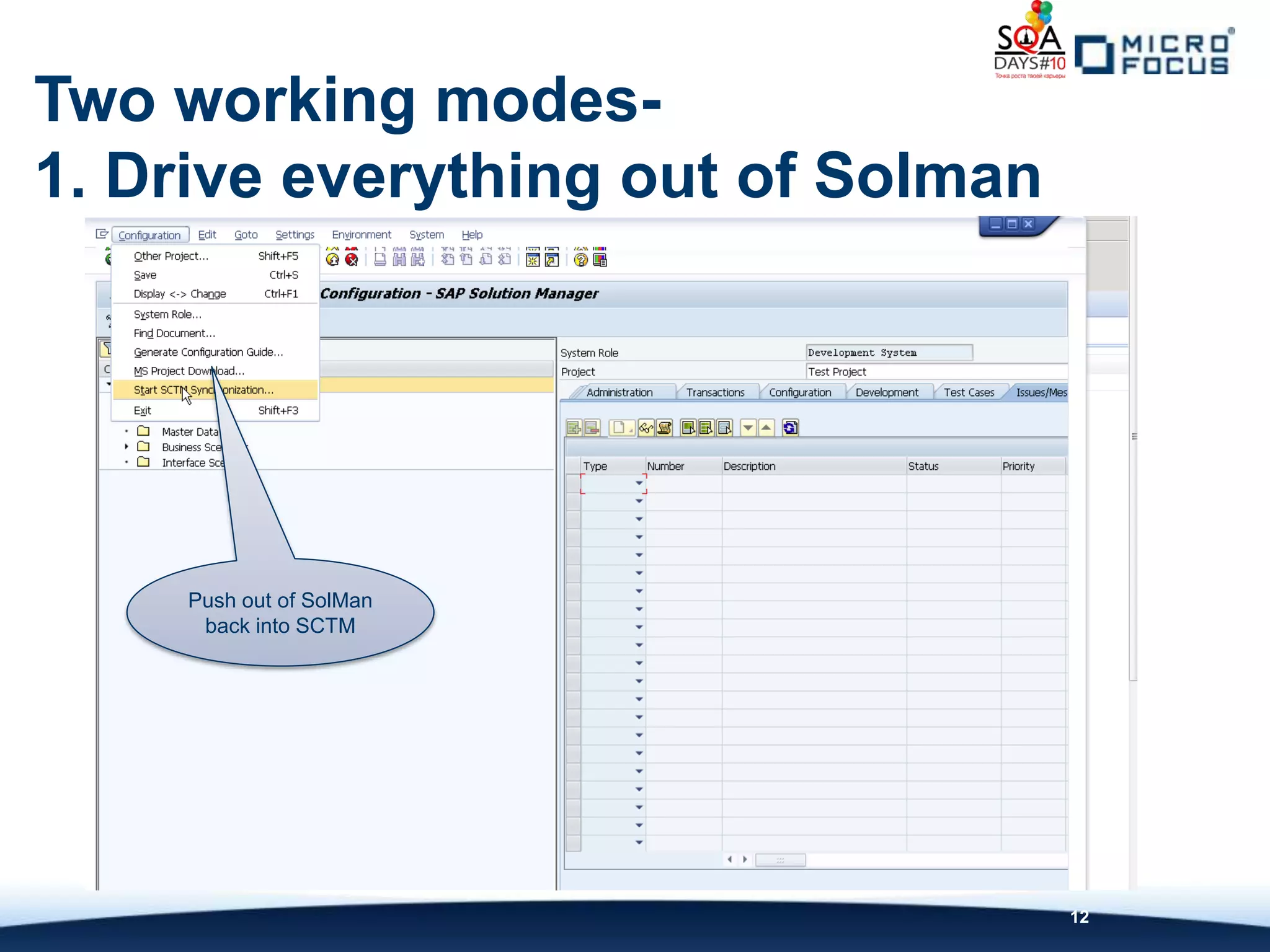 Two working modes-
1. Drive everything out of Solman




     Push out of SolMan
      back into SCTM




                                    12
 