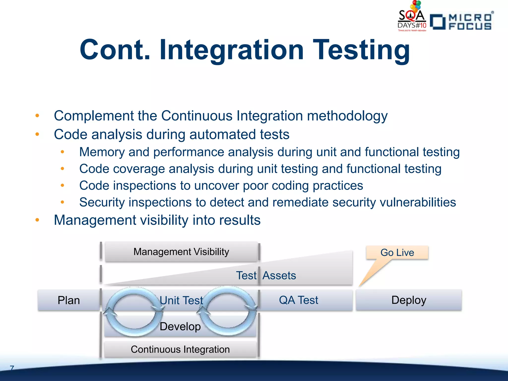 Cont. Integration Testing

    • Complement the Continuous Integration methodology
    • Code analysis during automated tests
        •   Memory and performance analysis during unit and functional testing
        •   Code coverage analysis during unit testing and functional testing
        •   Code inspections to uncover poor coding practices
        •   Security inspections to detect and remediate security vulnerabilities
    • Management visibility into results

                     Management Visibility                        Go Live

                                              Test Assets

       Plan                Unit Test                 QA Test        Deploy

                           Develop
                     Continuous Integration
7
 