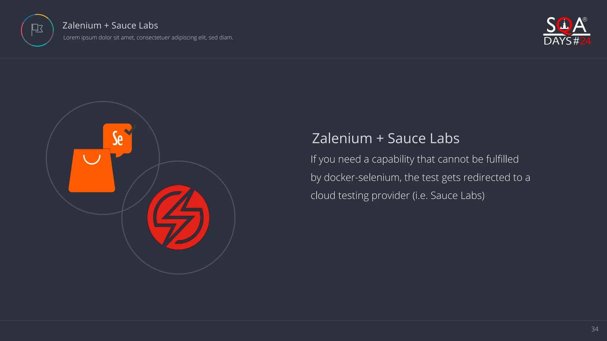 34 Zalenium + Sauce Labs  Lorem ipsum dolor sit amet, consectetuer adipiscing elit, sed diam. If you need a capability that cannot be fulfilled by docker-selenium, the test gets redirected to a cloud testing provider (i.e. Sauce Labs) Zalenium + Sauce Labs 