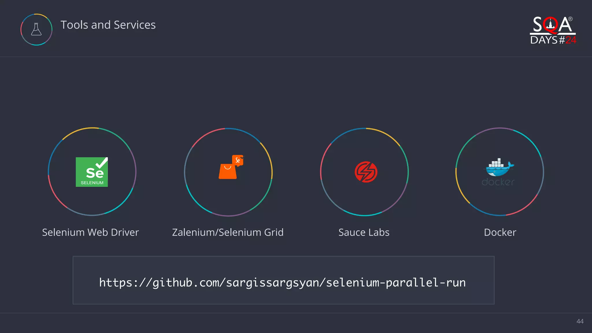 44 Tools and Services  Selenium Web Driver Zalenium/Selenium Grid Sauce Labs Docker https://github.com/sargissargsyan/selenium-parallel-run 