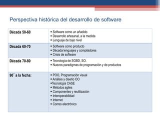 Perspectiva histórica del desarrollo de software
Década 50-60  Software como un añadido
 Desarrollo artesanal, a la medida
 Lenguaje de bajo nivel
Década 60-70  Software como producto
 Década lenguajes y compiladores
 Crisis de software
Década 70-80  Tecnología de SGBD, SO.
 Nuevos paradigmas de programación y de productos
90´ a la fecha:  POO, Programación visual
 Análisis y diseño OO
Tecnología CASE
 Métodos agiles
 Componentes y reutilización
 Interoperabilidad
 Internet
 Correo electrónico
 