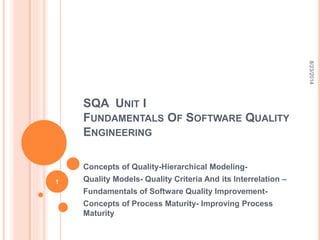 SQA UNIT I
FUNDAMENTALS OF SOFTWARE QUALITY
ENGINEERING
Concepts of Quality-Hierarchical Modeling-
Quality Models- Quality Criteria And its Interrelation –
Fundamentals of Software Quality Improvement-
Concepts of Process Maturity- Improving Process
Maturity
8/23/2014
1
 