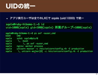UIDの統一
• アプリ実行ユーザは全てのLXCで sqale (uid:1000) で統一
28
 