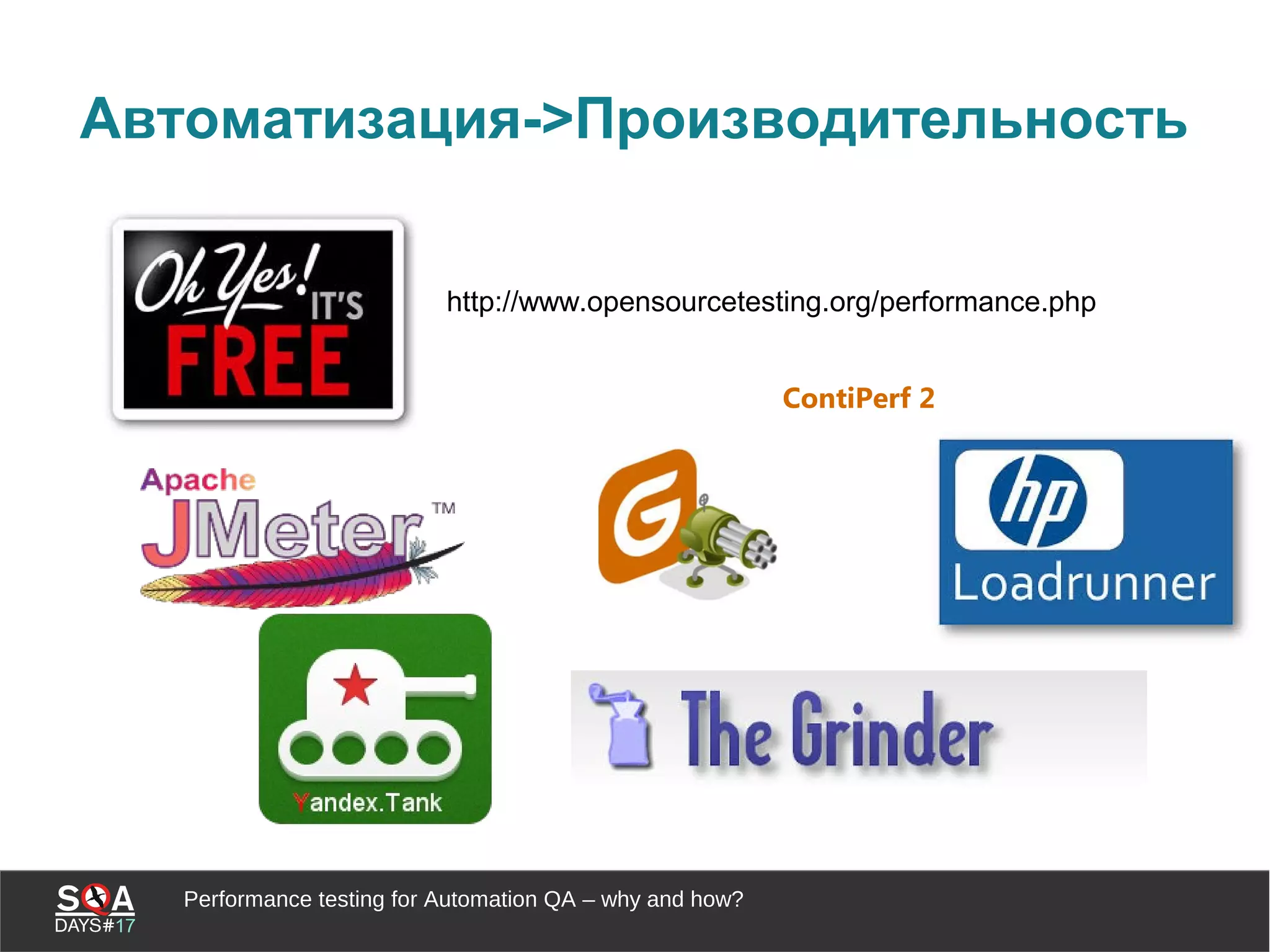 Performance testing for Automation QA – why and how?
Автоматизация->Производительность
http://www.opensourcetesting.org/performance.php
ContiPerf 2
 
