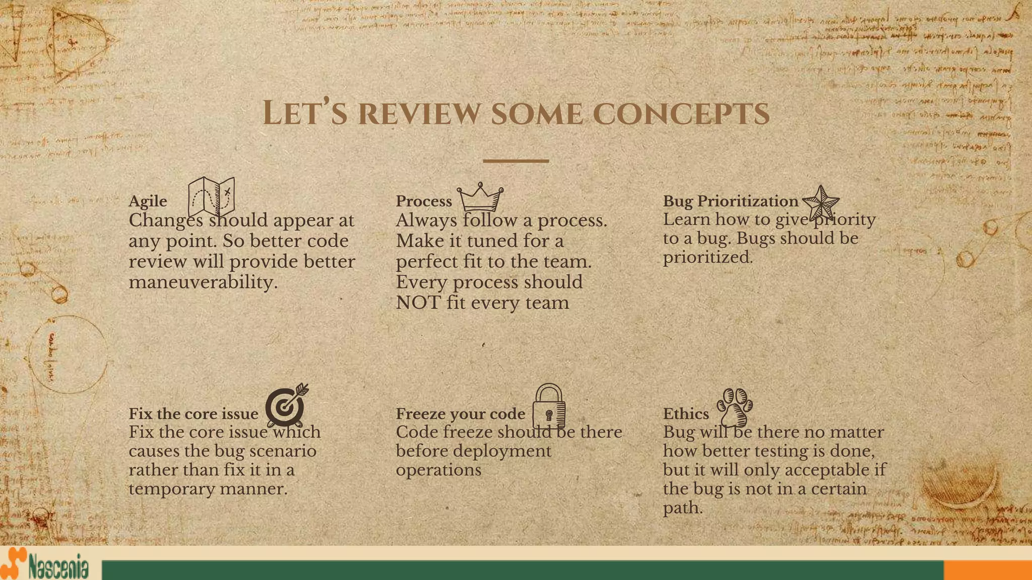 Let’s review some concepts
Agile
Changes should appear at
any point. So better code
review will provide better
maneuverability.
Process
Always follow a process.
Make it tuned for a
perfect fit to the team.
Every process should
NOT fit every team
Bug Prioritization
Learn how to give priority
to a bug. Bugs should be
prioritized.
Fix the core issue
Fix the core issue which
causes the bug scenario
rather than fix it in a
temporary manner.
Freeze your code
Code freeze should be there
before deployment
operations
Ethics
Bug will be there no matter
how better testing is done,
but it will only acceptable if
the bug is not in a certain
path.
 