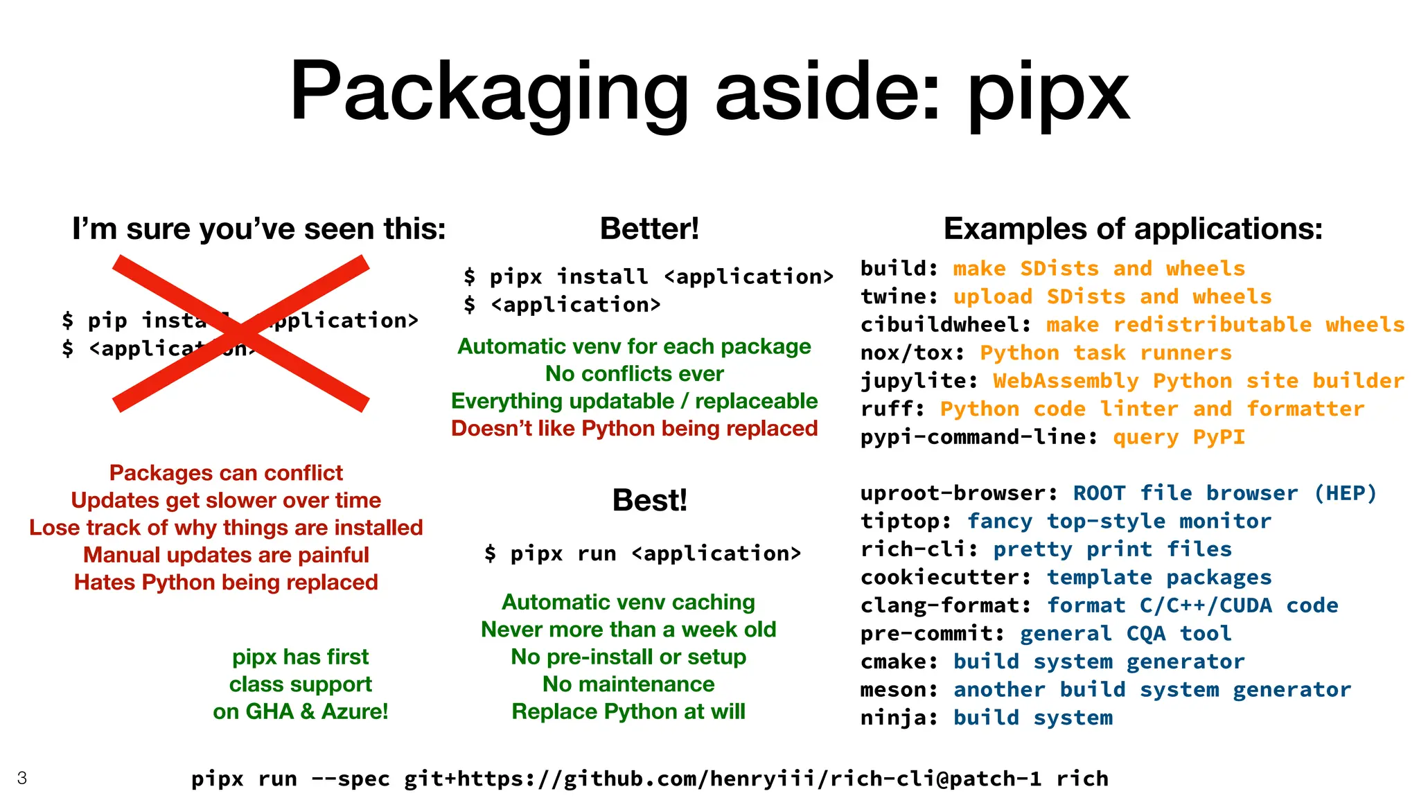 Packaging aside: pipx
3
$ pip install <application>
$ <application>
I’m sure you’ve seen this: Examples of applications:
build: make SDists and wheels
twine: upload SDists and wheels
cibuildwheel: make redistributable wheels
nox/tox: Python task runners
jupylite: WebAssembly Python site builder
ruff: Python code linter and formatter
pypi-command-line: query PyPI
uproot-browser: ROOT file browser (HEP)
tiptop: fancy top-style monitor
rich-cli: pretty print files
cookiecutter: template packages
clang-format: format C/C++/CUDA code
pre-commit: general CQA tool
cmake: build system generator
meson: another build system generator
ninja: build system
Packages can con
fl
ict
Updates get slower over time
Lose track of why things are installed
Manual updates are painful
Hates Python being replaced
$ pipx install <application>
$ <application>
Better!
Automatic venv for each package
No con
fl
icts ever
Everything updatable / replaceable
Doesn’t like Python being replaced
$ pipx run <application>
Best!
Automatic venv caching
Never more than a week old
No pre-install or setup
No maintenance
Replace Python at will
pipx run --spec git+https://github.com/henryiii/rich-cli@patch-1 rich
pipx has
fi
rst
class support
on GHA & Azure!
 