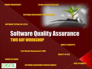 SOFTWARE ENGINEERING PROCESS MODELS
SOFTWARE DEVELOPMENT PROCESS MODEL
CHANGE MANAGEMENT
COST OF QUALITY
QUALITY IS FREE
SOFTWARE TESTING LIFE CYCLE
QUALITY CONCEPTS
REDUCE RE-WORK
TWO DAY WORKSHOP
Total Quality Management (TQM)
Quality Program Concepts
 