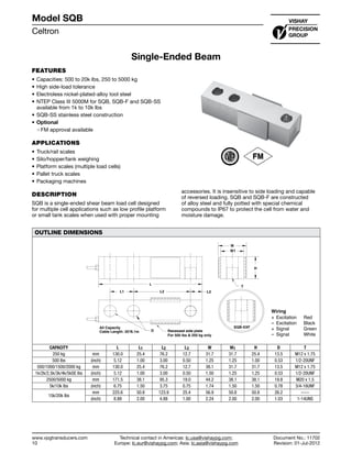 Celtron
www.vpgtransducers.com
10
Model SQB
Technical contact in Americas: lc.usa@vishaypg.com;
Europe: lc.eur@vishaypg.com; Asia: lc.asia@vishaypg.com
Document No.: 11702
Revision: 01-Jul-2012
Single-Ended Beam
FEATURES
•	Capacities: 500 to 20k lbs, 250 to 5000 kg
•	High side-load tolerance
•	Electroless nickel-plated-alloy tool steel
•	NTEP Class III 5000M for SQB, SQB-F and SQB-SS
available from 1k to 10k lbs
•	SQB-SS stainless steel construction
•	Optional
❍❍ FM approval available
APPLICATIONS
•	Truck/rail scales
•	Silo/hopper/tank weighing
•	Platform scales (multiple load cells)
•	Pallet truck scales
•	Packaging machines
DESCRIPTION
SQB is a single-ended shear beam load cell designed
for multiple cell applications such as low profile platform
or small tank scales when used with proper mounting
OUTLINE DIMENSIONS
W1
W
L
L1 L2 L3
H
D
All Capacity
Cable Length: 20'/6.1m
SQB-XXF
Recessed side plate
For 500 lbs & 250 kg only
T
CAPACITY L L1 L2 L3 W W1 H D T
250 kg mm 130.0 25.4 76.2 12.7 31.7 31.7 25.4 13.5 M12 x 1.75
500 lbs (inch) 5.12 1.00 3.00 0.50 1.25 1.25 1.00 0.53 1/2-20UNF
500/1000/1500/2000 kg mm 130.0 25.4 76.2 12.7 38.1 31.7 31.7 13.5 M12 x 1.75
1k/2k/2.5k/3k/4k/5kSE lbs (inch) 5.12 1.00 3.00 0.50 1.50 1.25 1.25 0.53 1/2-20UNF
2500/5000 kg mm 171.5 38.1 95.3 19.0 44.2 38.1 38.1 19.8 M20 x 1.5
5k/10k lbs (inch) 6.75 1.50 3.75 0.75 1.74 1.50 1.50 0.78 3/4-16UNF
15k/20k lbs
mm 225.6 50.8 123.9 25.4 56.9 50.8 50.8 26.2 -----
(inch) 8.88 2.00 4.88 1.00 2.24 2.00 2.00 1.03 1-14UNS
accessories. It is insensitive to side loading and capable
of reversed loading. SQB and SQB-F are constructed
of alloy steel and fully potted with special chemical
compounds to IP67 to protect the cell from water and
moisture damage.
Single-Ended Beam
 