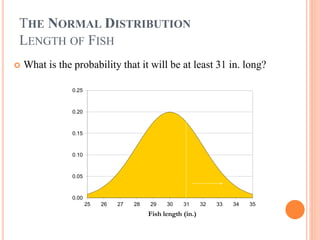 THE NORMAL DISTRIBUTION
LENGTH OF FISH
 What is the probability that it will be at least 31 in. long?
0.00
0.05
0.10
0.15
0.20
0.25
25 26 27 28 29 30 31 32 33 34 35
Fish length (in.)
 