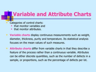 Variable and Attribute Charts
   Categories of control charts:
      that monitor variables and

      that monitor attributes.


   Variable charts display continuous measurements such as weight,
    diameter, thickness, purity and temperature. Its statistical analysis
    focuses on the mean values of such measures.
   Attribute charts differ from variable charts in that they describe a
    feature of the process rather than a continuous variable. Attributes
    can be either discrete quantities, such as the number of defects in a
    sample, or proportions, such as the percentage of defects per lot.
 