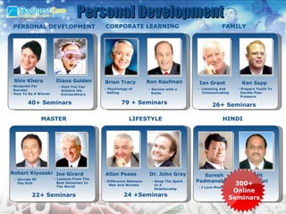 Personal Development CORPORATE LEARNING Brian Tracy Ron Kaufman 79 + Seminars - Psychology of Selling - Service with a Smile FAMILY Ian Grant Ken Sapp 26+ Seminars -  Listening and  Communcating - Prepare Youth To Handle Peer Pressure MASTER Robert Kiyosaki Joe Girard 22+ Seminars - Secrets Of The Rich - Lessons From The Best Salesman In  The World LIFESTYLE Dr. John Gray Allan Pease 24 +Seminars - Difference Between  Men And Women - Keep The Spark In A  Relationship HINDI 9+Seminars Suresh  Padmanabhan Ajit  Kaikini -  I Love Money - Building Self confidence 300+ Online Seminars PERSONAL DEVELOPMENT Diana Golden Shiv Khera - Blueprint For  Success -  How  To Be A Winner 40+ Seminars - How You Can  Achieve the Extraordinary 