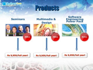 Products Rs 9,950/full year! Rs 9,950/full year! Rs 9,950/full year! Seminars 300+ Multimedia &  Design 360+ Software Engineering Power Pack 410+ 