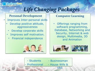 Life Changing Packages Offerings ranging from software programming, Database, Networking and Security, Internet & web design, Multimedia, 3D and Animation Improves Inter-personal skills Develop positive attitude,  aggressiveness Develop corporate skills Improves self motivation. Financial independence Computer Learning Personal Development - Students - Professional - Businessman - House Wife & VRS 