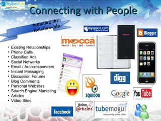 Connecting with People Existing Relationships Phone Calls Classified Ads Social Networks Email / Auto-responders Instant Messaging Discussion Forums Blog Comments Personal Websites Search Engine Marketing Articles Video Sites Initiating the Relationship 
