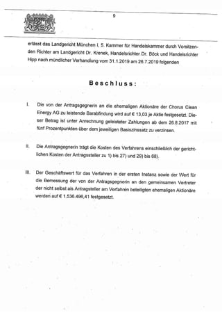 LG München I, Beschluss zum Squeeze-out bei der CHORUS Clean Energy AG