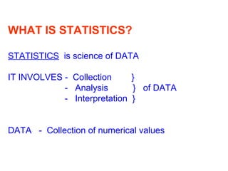 WHAT IS STATISTICS?
STATISTICS is science of DATA
IT INVOLVES - Collection }
- Analysis } of DATA
- Interpretation }
DATA - Collection of numerical values
 