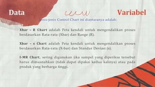Data Variabel
Jenis-jenis Control Chart ini diantaranya adalah:
Xbar – R Chart adalah Peta kendali untuk mengendalikan proses
berdasarkan Rata-rata (Xbar) dan Range (R).
Xbar – s Chart adalah Peta kendali untuk mengendalikan proses
berdasarkan Rata-rata (X-bar) dan Standar Deviasi (s).
I-MR Chart, sering digunakan jika sampel yang diperiksa tersebut
harus dimusnahkan (tidak dapat dipakai kedua kalinya) atau pada
produk yang berharga tinggi.
 