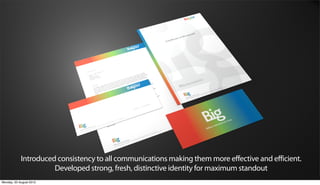 Introduced consistency to all communications making them more effective and efficient.
                      Developed strong, fresh, distinctive identity for maximum standout
Monday, 20 August 2012
 