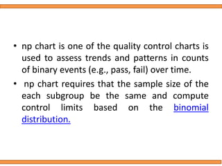 • np chart is one of the quality control charts is
used to assess trends and patterns in counts
of binary events (e.g., pass, fail) over time.
• np chart requires that the sample size of the
each subgroup be the same and compute
control limits based on the binomial
distribution.
 