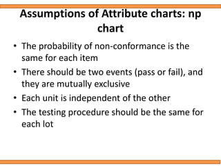 Assumptions of Attribute charts: np
chart
• The probability of non-conformance is the
same for each item
• There should be two events (pass or fail), and
they are mutually exclusive
• Each unit is independent of the other
• The testing procedure should be the same for
each lot
 