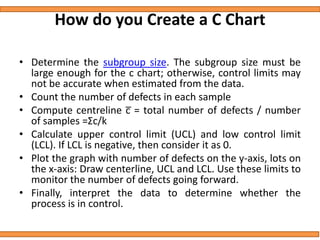 How do you Create a C Chart
• Determine the subgroup size. The subgroup size must be
large enough for the c chart; otherwise, control limits may
not be accurate when estimated from the data.
• Count the number of defects in each sample
• Compute centreline c̅ = total number of defects / number
of samples =Σc/k
• Calculate upper control limit (UCL) and low control limit
(LCL). If LCL is negative, then consider it as 0.
• Plot the graph with number of defects on the y-axis, lots on
the x-axis: Draw centerline, UCL and LCL. Use these limits to
monitor the number of defects going forward.
• Finally, interpret the data to determine whether the
process is in control.
 