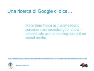 www.gruppolen.it
Una ricerca di Google ci dice…
https://www.thinkwithgoogle.com/articles/second-screen-searches-crucial-i-want-to-know-moments-for-brands.html
 