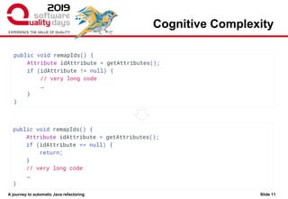 A journey to automatic Java refactoring
Cognitive Complexity
Slide 11
public void remapIds() {
Attribute idAttribute = getAttributes();
if (idAttribute != null) {
// very long code
…
}
}
public void remapIds() {
Attribute idAttribute = getAttributes();
if (idAttribute == null) {
return;
}
// very long code
…
}
 