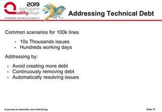 A journey to automatic Java refactoring
Addressing Technical Debt
Common scenarios for 100k lines
▪ 10s Thousands issues
▪ Hundreds working days
Addressing by:
▪ Avoid creating more debt
▪ Continuously removing debt
▪ Automatically resolving issues
Slide 15
 