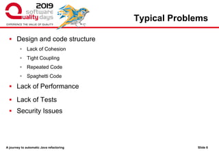 A journey to automatic Java refactoring
Typical Problems
▪ Design and code structure
▪ Lack of Cohesion
▪ Tight Coupling
▪ Repeated Code
▪ Spaghetti Code
▪ Lack of Performance
▪ Lack of Tests
▪ Security Issues
Slide 6
 