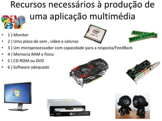 Recursos necessários à produção de
uma aplicação multimédia
• 1 ) Monitor
• 2 ) Uma placa de som , vídeo e colunas
• 3 ) Um microprocessador com capacidade para a resposta/FeedBack
• 4 ) Memoria RAM e física
• 5 ) CD-ROM ou DVD
• 6 ) Software adequado
 