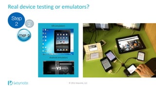 Real device testing or emulators?
© 2015 Keynote, LLC
iOS emulators
Android emulators
device lab by Jeremy Keith on Flickr
 