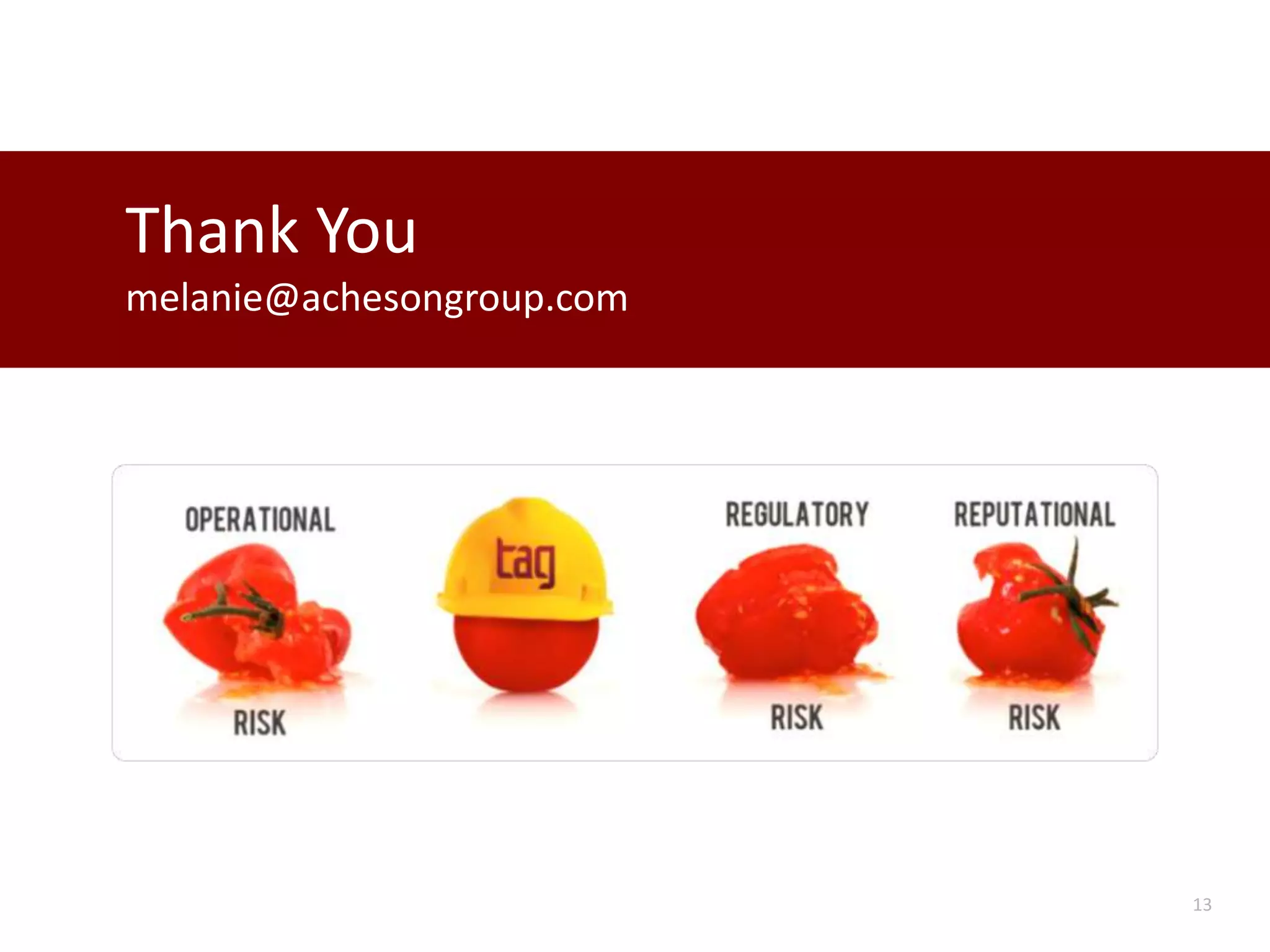 Thank You
melanie@achesongroup.com
13
 