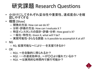 研究課題 Research Questions
• 小分けにしてそれぞれ妥当性や重要性、達成度合いを確
認しやすくする
• 種類 [Shaw]
– 開発の方法: How can we do X?
– 分析・評価の方法: How can I evaluate X ?
– 特定インスタンスの設計・評価・分析: How good is X?
– 一般化・特性化: Given X, what will Y be?
– 実現可能性・さらなる調査: Is it possible to accomplish X at all?
• NG
– RQ. 拡張可能な～により・・・を支援できるか?
• OK
– RQ1. ～を自動的に得られるか？
– RQ2. ・・・の達成効率は、～が○○より優れているか？
– RQ3. ～は実用的な時間内で実行可能か？
5
 