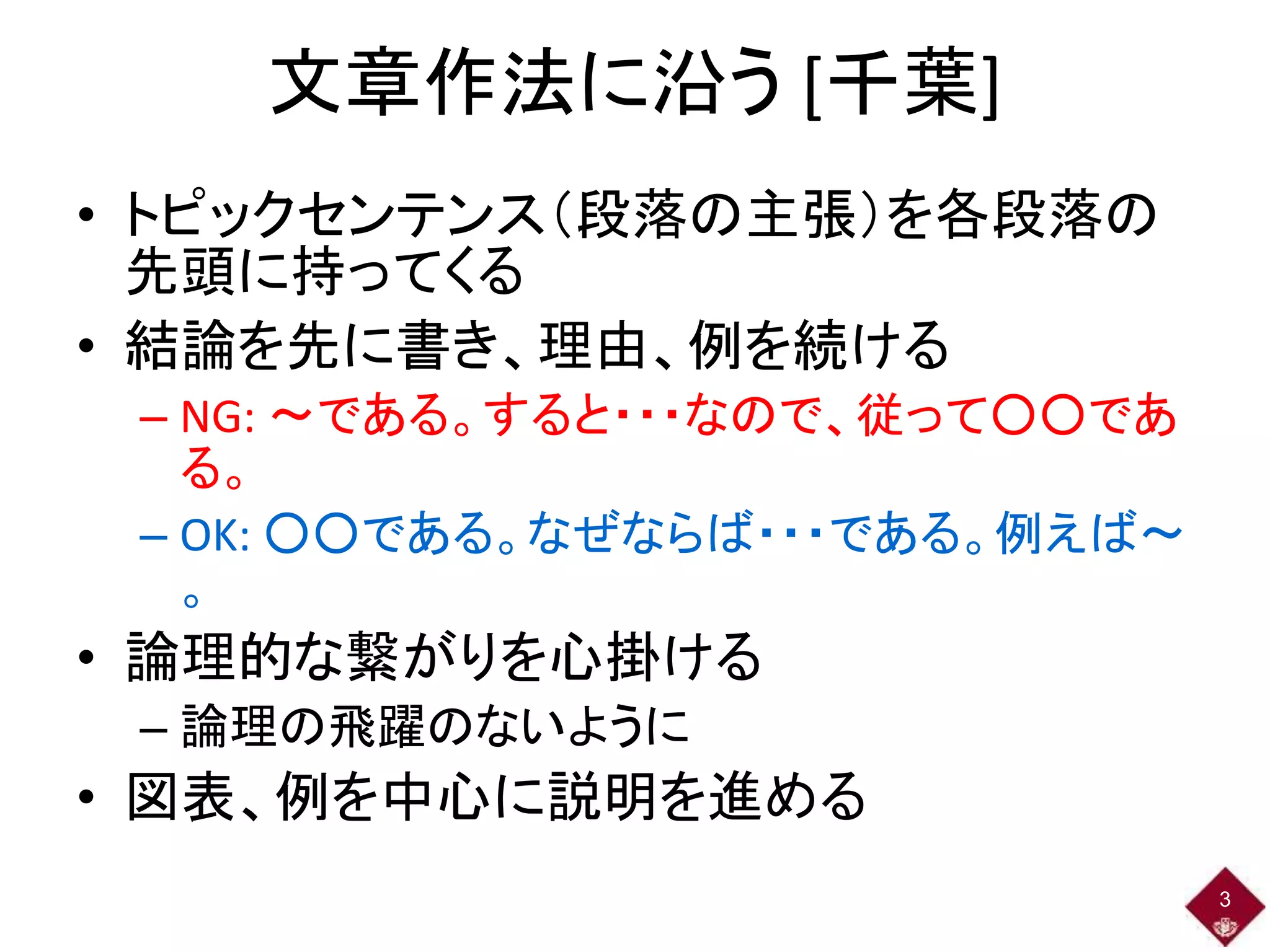 文章作法に沿う [千葉]
• トピックセンテンス（段落の主張）を各段落の
先頭に持ってくる
• 結論を先に書き、理由、例を続ける
– NG: ～である。すると・・・なので、従って○○であ
る。
– OK: ○○である。なぜならば・・・である。例えば～
。
• 論理的な繋がりを心掛ける
– 論理の飛躍のないように
• 図表、例を中心に説明を進める
3
 