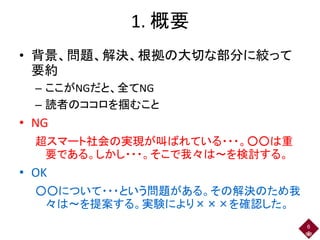 1. 概要
• 背景、問題、解決、根拠の大切な部分に絞って
要約
– ここがNGだと、全てNG
– 読者のココロを掴むこと
• NG
超スマート社会の実現が叫ばれている・・・。○○は重
要である。しかし・・・。そこで我々は～を検討する。
• OK
○○について・・・という問題がある。その解決のため我
々は～を提案する。実験により×××を確認した。
6
 