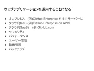 ֥ץꥱ`\ä뤳Ȥˤʤ
 ץߥ ()GitHub Enterprise ڥ`Щ`
 饦(IaaS)()GitHub Enterprise on AWS
 饦(SaaS) ()GitHub.com
 ƥ
 ѥե`ޥ
 ``
 ݔ
 Хåå
 