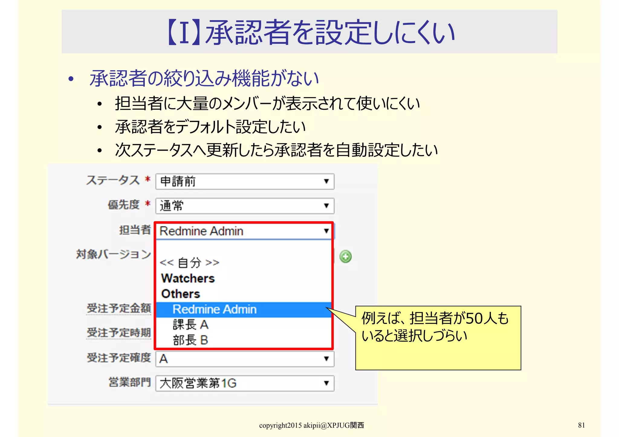 【I】承認者を設定しにくい
• 承認者の絞り込み機能がない
• 担当者に⼤量のメンバーが表示されて使いにくい
• 承認者をデフォルト設定したい
• 次ステータスへ更新したら承認者を自動設定したい
copyright2015 akipii@XPJUG関西 81
例えば、担当者が50人も
いると選択しづらい
 