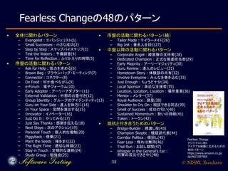 © NISHI, Yasuharu32
Fearless Changeの48のパターン
• 全体に関わるパターン
– Evangelist : エバンジェリスト(1)
– Small Successes : 小さな成功(2)
– Step by Step : ステップバイステップ(3)
– Test the Waters : 予備調査(4)
– Time for Reflection : ふりかえりの時間(5)
• 序盤の活動に関わるパターン
– Ask for Help : 協力を求める(6)
– Brown Bag : ブラウンバッグ・ミーティング(7)
– Connector : コネクター(8)
– Do Food : 何か食べながら(9)
– e-Forum : 電子フォーラム(10)
– Early Adopter : アーリーアダプター(11)
– External Validation : 外部のお墨付き(12)
– Group Identity : グループのアイデンティティ(13)
– Guru on Your Side : 達人を味方に(14)
– In Your Space : 空間を演出する(15)
– Innovator : イノベーター(16)
– Just Do It : やってみる(17)
– Just Say Thanks : 感謝を伝える(18)
– Next Steps : 次のアクション(19)
– Personal Touch : 個人的な接触(20)
– Piggyback : 便乗(21)
– Plant the Seeds : 種をまく(22)
– The Right Time : 適切な時期(23)
– Stay in Touch : 定期的な連絡(24)
– Study Group : 勉強会(25)
• 序盤の活動に関わるパターン（続）
– Tailor Made : テイラーメイド(26)
– Big Jolt : 著名人を招く(27)
• 中盤以降の活動に関わるパターン
– Corporate Angel : 経営層の支持者(28)
– Dedicated Champion : 正式な推進担当者(29)
– Early Majority : アーリーマジョリティ(30)
– Guru Review : 達人のレビュー(31)
– Hometown Story : 体験談の共有(32)
– Involve Everyone : みんなを巻き込む(33)
– Just Enough : ちょうど十分(34)
– Local Sponsor : 身近な支援者(35)
– Location, Location, Location : 場所重要(36)
– Mentor : メンター(37)
– Royal Audience : 謁見(38)
– Shoulder to Cry On : 相談できる同志(39)
– Smell of Success : 成功の匂い(40)
– Sustained Momentum : 勢いの持続(41)
– Token : トークン(42)
• 抵抗と付き合うためのパターン
– Bridge-Builder : 橋渡し役(43)
– Champion Skeptic : 懐疑派代表(44)
– Corridor Politics : 根回し(45)
– Fear Less : 怖れは無用(46)
– Trial Run : お試し期間(47)
– Whisper in the General’s Ear :
将軍の耳元でささやく(48)
Fearless Change：
アジャイルに効く
アイデアを組織に広めるための
48のパターン
https://www.amazon.co.jp/
dp/462108786X
 
