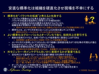 © NISHI, Yasuharu33
安直な標準化は組織を硬直化させ現場を不幸にする
• 標準化を“バラツキの低減”と考えると失敗する
– ソフトウェア開発のような考える技術において、
バラツキの低減は低技術化と管理コストの増加を招く
– バラツキの低減は内向きの標準化を指向するようになり、
組織全体が官僚的かつ非可視化に向かうリスクがある
» 成功するメカの生産現場ではカイゼン活動のようなクリエィティブな活動を同時に行う
– 標準化とは、よいやり方を知らないことによる失敗を減らすことである
» 標準化はグローバル化とオープン化だと捉えた方がよい
• よい標準化はグローバル化とオープン化であり、技術向上を牽引する
– 最新の技術だけでなく、技術パラダイムや技術動向に馴染むことができる
» 技術開発に必要なのはむしろ技術パラダイムや技術動向である
– よいやり方だと説明しなくてはならないので組織に説明責任能力がつき仕事の可視化が進む
– 社外のクリエィティブな人材と交流することで、
自組織の官僚性を批判し打破できるようになる
» 技術者の社外活動率を測定してみると、 自組織がいかに内向きかが分かる
• 外モジュラー・内インテグラルをいかに実現するかが重要である
– 自社内だけで通用するツールや方法論で勝負できる時代ではない
» 外モジュラー：オープンなツールや方法論を使うことで顧客や競争相手と
価値共創できるようになり、自社の技術力にレバレッジをかけることができる
» 内インテグラル：オープンなツールや方法論を用いつつ、自組織で経験した
良い／悪い仕事をパターン化する習慣をつけて組織能力を継続的に高められる
– オープン化によって仲間を増やし自社技術の存在感を増しつつ、
一朝一夕に真似できないカイゼン習慣によるパターン化で優位性を保つ
？
 