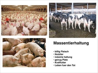 Massentierhaltung
• billig Fleisch
• Nutztier
• indutrie haltung
• genug Platz
• Kraftfutter
• Leben fuer den Tot
 
