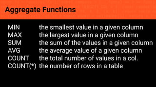 const fs = require('fs'); const compose = (...funcs) => x => funcs.
reduce((x, fn) => fn(x), x); const DENSITY_COL = 3; const renderTab
table => { const cellWidth = [18, 10, 8, 8, 18, 6]; return table.ma
=> (row.map((cell, i) => { const width = cellWidth[i]; return i ? c
Aggregate Functions
MIN the smallest value in a given column
MAX the largest value in a given column
SUM the sum of the values in a given column
AVG the average value of a given column
COUNT the total number of values in a col.
COUNT(*) the number of rows in a table
 