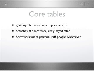 Core tables
•   systempreferences: system preferences

•   branches: the most frequently keyed table

•   borrowers: users...