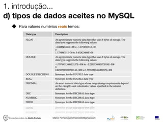 1. introdução...
d) tipos de dados aceites no MySQL
            Para valores numérios reais temos:




 Escola Secundária de Adolfo Portela   Marco Pinheiro | profmarco550@gmail.com
 