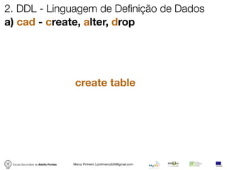 2. DDL - Linguagem de Definição de Dados
a) cad - create, alter, drop




                                        create table




 Escola Secundária de Adolfo Portela   Marco Pinheiro | profmarco550@gmail.com
 
