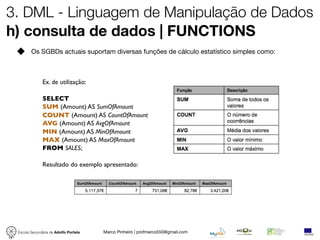 3. DML - Linguagem de Manipulação de Dados
h) consulta de dados | FUNCTIONS
        Os SGBDs actuais suportam diversas funções de cálculo estatístico simples como:



              Ex. de utilização:

              SELECT
              SUM (Amount) AS SumOfAmount
              COUNT (Amount) AS CountOfAmount
              AVG (Amount) AS AvgOfAmount
              MIN (Amount) AS MinOfAmount
              MAX (Amount) AS MaxOfAmount
              FROM SALES;

              Resultado do exemplo apresentado:




 Escola Secundária de Adolfo Portela   Marco Pinheiro | profmarco550@gmail.com
 