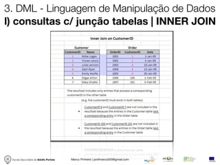 3. DML - Linguagem de Manipulação de Dados
l) consultas c/ junção tabelas | INNER JOIN




 Escola Secundária de Adolfo Portela   Marco Pinheiro | profmarco550@gmail.com
 