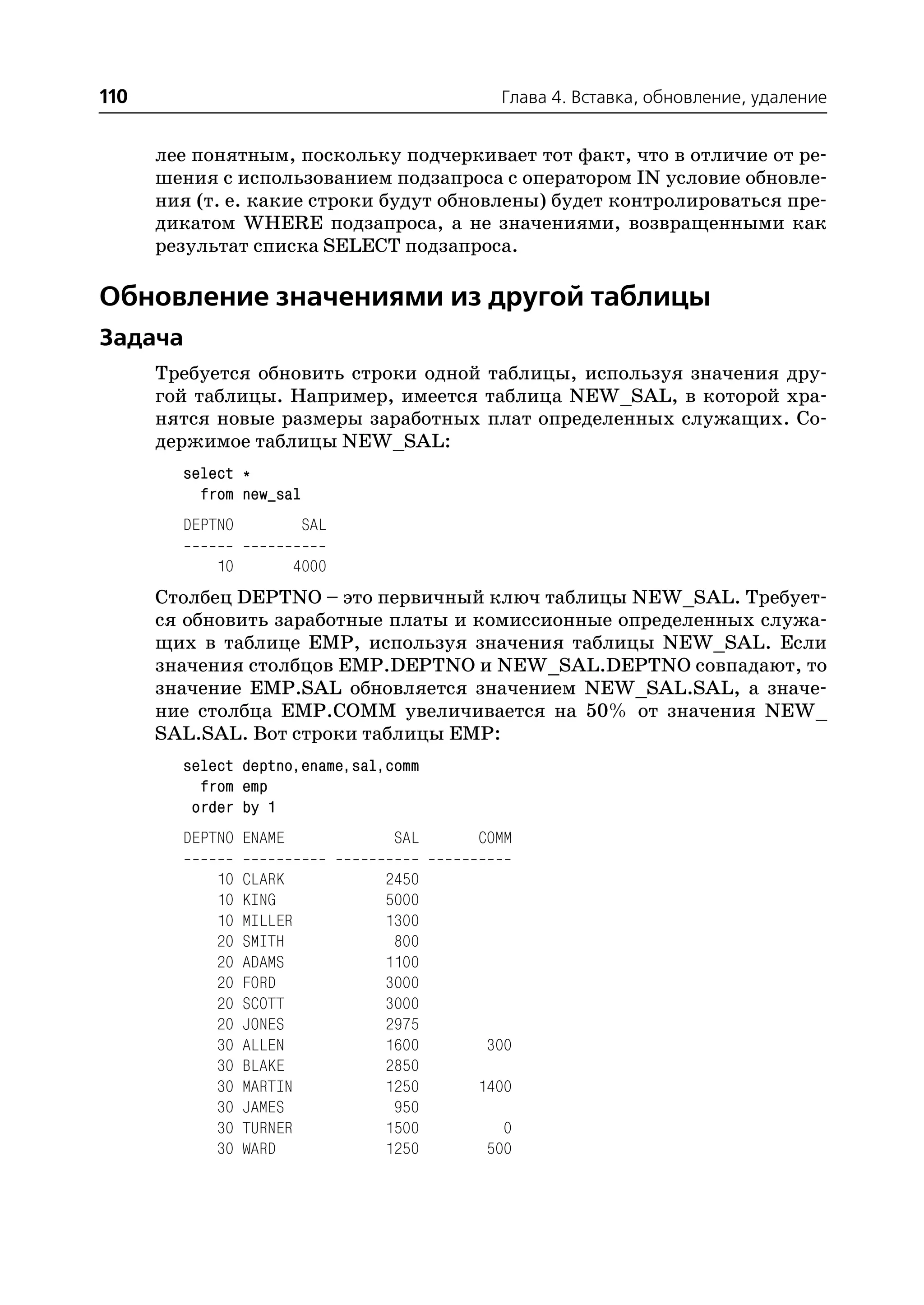 110                                       Глава 4. Вставка, обновление, удаление


      лее понятным, поскольку подчеркивает тот факт, что в отличие от ре
      шения с использованием подзапроса с оператором IN условие обновле
      ния (т. е. какие строки будут обновлены) будет контролироваться пре
      дикатом WHERE подзапроса, а не значениями, возвращенными как
      результат списка SELECT подзапроса.

Обновление значениями из другой таблицы
Задача
      Требуется обновить строки одной таблицы, используя значения дру
      гой таблицы. Например, имеется таблица NEW_SAL, в которой хра
      нятся новые размеры заработных плат определенных служащих. Со
      держимое таблицы NEW_SAL:
        select *
          from new_sal
        DEPTNO             SAL

            10            4000
      Столбец DEPTNO – это первичный ключ таблицы NEW_SAL. Требует
      ся обновить заработные платы и комиссионные определенных служа
      щих в таблице EMP, используя значения таблицы NEW_SAL. Если
      значения столбцов EMP.DEPTNO и NEW_SAL.DEPTNO совпадают, то
      значение EMP.SAL обновляется значением NEW_SAL.SAL, а значе
      ние столбца EMP.COMM увеличивается на 50% от значения NEW_
      SAL.SAL. Вот строки таблицы EMP:
        select deptno,ename,sal,comm
          from emp
         order by 1
        DEPTNO ENAME              SAL   COMM

            10   CLARK           2450
            10   KING            5000
            10   MILLER          1300
            20   SMITH            800
            20   ADAMS           1100
            20   FORD            3000
            20   SCOTT           3000
            20   JONES           2975
            30   ALLEN           1600   300
            30   BLAKE           2850
            30   MARTIN          1250   1400
            30   JAMES            950
            30   TURNER          1500     0
            30   WARD            1250   500
 