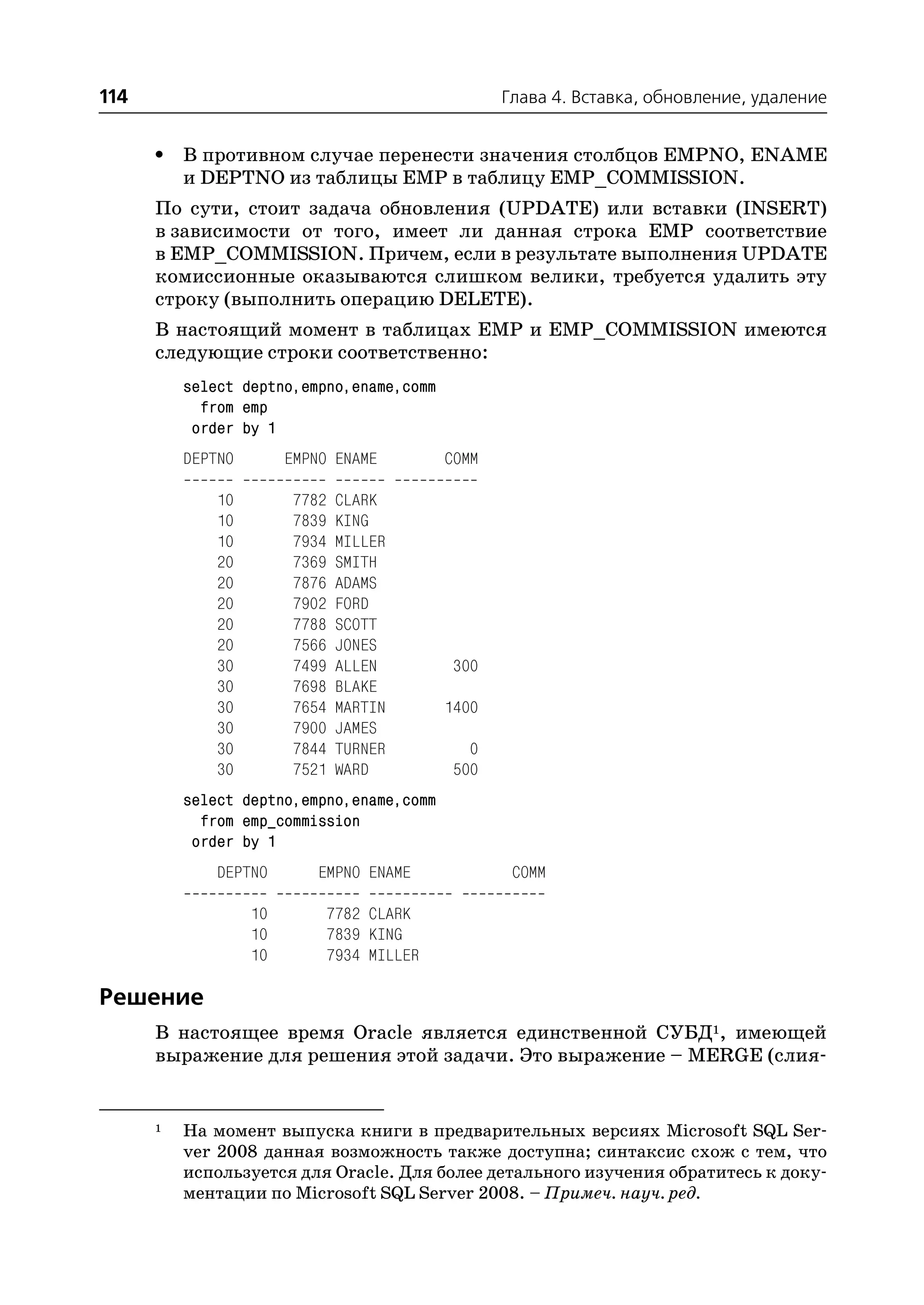 114                                               Глава 4. Вставка, обновление, удаление


      •   В противном случае перенести значения столбцов EMPNO, ENAME
          и DEPTNO из таблицы EMP в таблицу EMP_COMMISSION.
      По сути, стоит задача обновления (UPDATE) или вставки (INSERT)
      в зависимости от того, имеет ли данная строка EMP соответствие
      в EMP_COMMISSION. Причем, если в результате выполнения UPDATE
      комиссионные оказываются слишком велики, требуется удалить эту
      строку (выполнить операцию DELETE).
      В настоящий момент в таблицах EMP и EMP_COMMISSION имеются
      следующие строки соответственно:
          select deptno,empno,ename,comm
            from emp
           order by 1
          DEPTNO        EMPNO ENAME        COMM

              10         7782   CLARK
              10         7839   KING
              10         7934   MILLER
              20         7369   SMITH
              20         7876   ADAMS
              20         7902   FORD
              20         7788   SCOTT
              20         7566   JONES
              30         7499   ALLEN       300
              30         7698   BLAKE
              30         7654   MARTIN     1400
              30         7900   JAMES
              30         7844   TURNER        0
              30         7521   WARD        500
          select deptno,empno,ename,comm
            from emp_commission
           order by 1
              DEPTNO        EMPNO ENAME            COMM

                   10       7782 CLARK
                   10       7839 KING
                   10       7934 MILLER

Решение
      В настоящее время Oracle является единственной СУБД1, имеющей
      выражение для решения этой задачи. Это выражение – MERGE (слия


      1   На момент выпуска книги в предварительных версиях Microsoft SQL Ser
          ver 2008 данная возможность также доступна; синтаксис схож с тем, что
          используется для Oracle. Для более детального изучения обратитесь к доку
          ментации по Microsoft SQL Server 2008. – Примеч. науч. ред.
 
