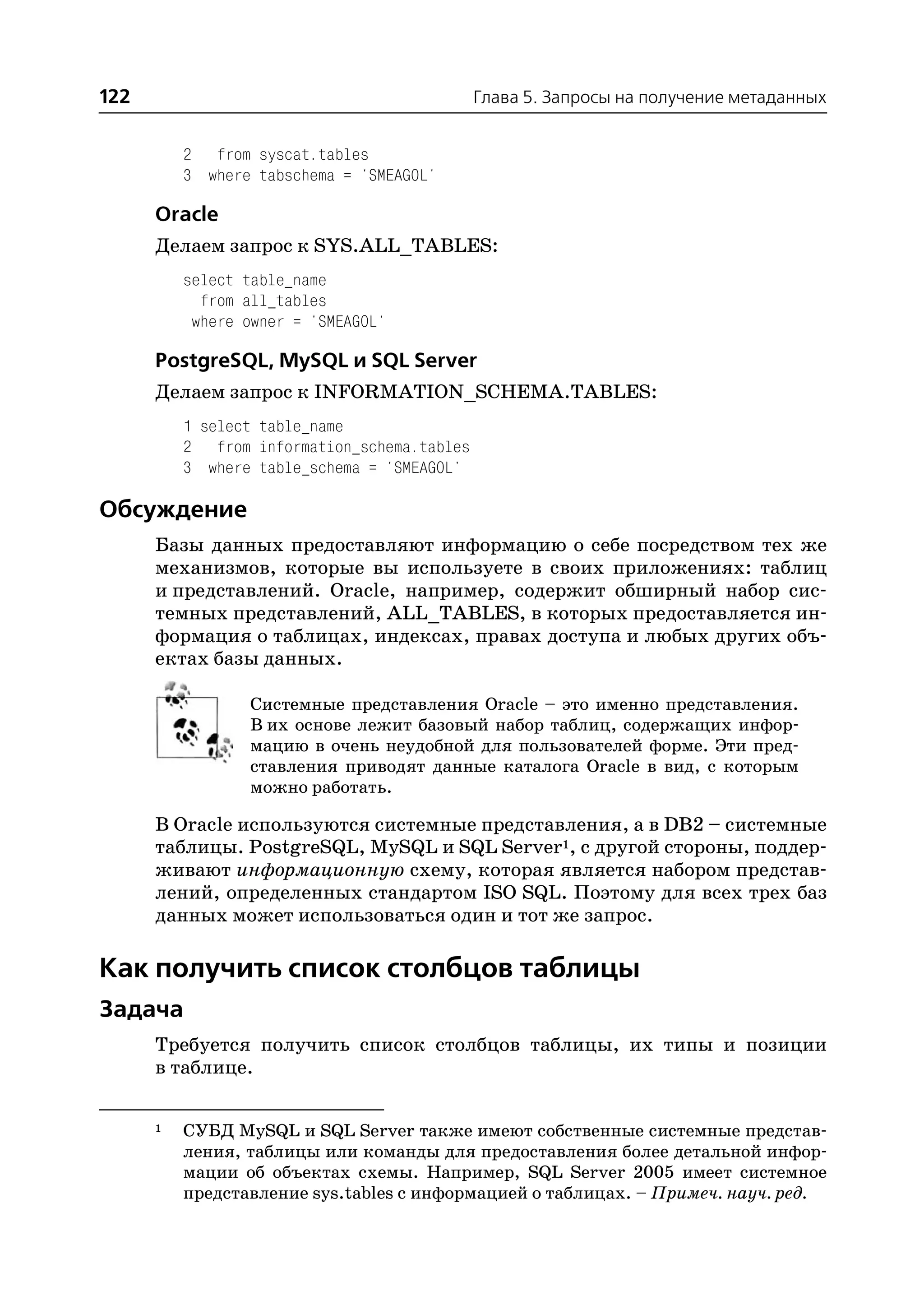 122                                          Глава 5. Запросы на получение метаданных


          2 from syscat.tables
          3 where tabschema = 'SMEAGOL'

      Oracle
      Делаем запрос к SYS.ALL_TABLES:
          select table_name
            from all_tables
           where owner = 'SMEAGOL'

      PostgreSQL, MySQL и SQL Server
      Делаем запрос к INFORMATION_SCHEMA.TABLES:
          1 select table_name
          2 from information_schema.tables
          3 where table_schema = 'SMEAGOL'

Обсуждение
      Базы данных предоставляют информацию о себе посредством тех же
      механизмов, которые вы используете в своих приложениях: таблиц
      и представлений. Oracle, например, содержит обширный набор сис
      темных представлений, ALL_TABLES, в которых предоставляется ин
      формация о таблицах, индексах, правах доступа и любых других объ
      ектах базы данных.

                 Системные представления Oracle – это именно представления.
                 В их основе лежит базовый набор таблиц, содержащих инфор
                 мацию в очень неудобной для пользователей форме. Эти пред
                 ставления приводят данные каталога Oracle в вид, с которым
                 можно работать.

      В Oracle используются системные представления, а в DB2 – системные
      таблицы. PostgreSQL, MySQL и SQL Server1, с другой стороны, поддер
      живают информационную схему, которая является набором представ
      лений, определенных стандартом ISO SQL. Поэтому для всех трех баз
      данных может использоваться один и тот же запрос.

Как получить список столбцов таблицы
Задача
      Требуется получить список столбцов таблицы, их типы и позиции
      в таблице.

      1   СУБД MySQL и SQL Server также имеют собственные системные представ
          ления, таблицы или команды для предоставления более детальной инфор
          мации об объектах схемы. Например, SQL Server 2005 имеет системное
          представление sys.tables с информацией о таблицах. – Примеч. науч. ред.
 